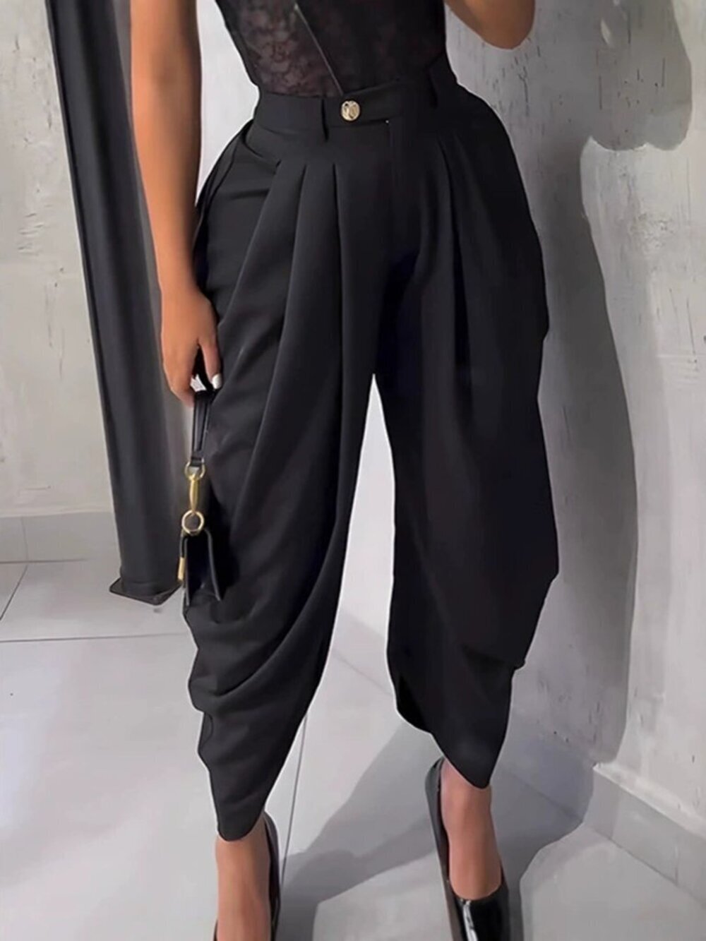 Black Casual Women's High Waist Loose Pleated Asymmetrical Trousers